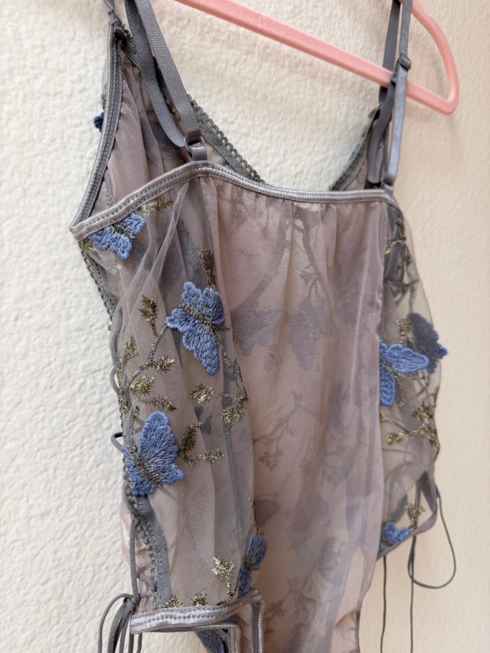 Sheer Butterfly Embroidered Bodysuit Lace Up Sides Gray Blue Mesh Lingerie Large - Picture 8 of 13